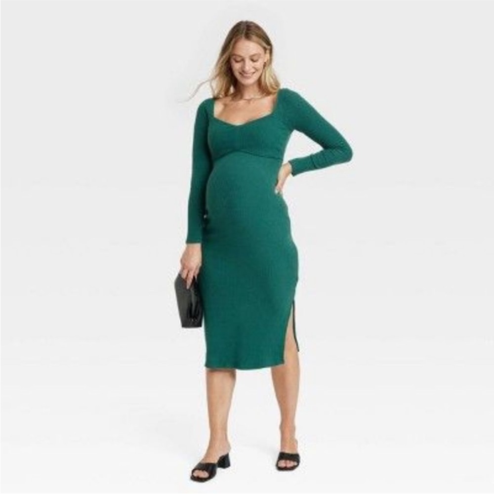 Ingrid Isabel Maternity Emerald Green Long Sleeve Midi Sweater Dress Small